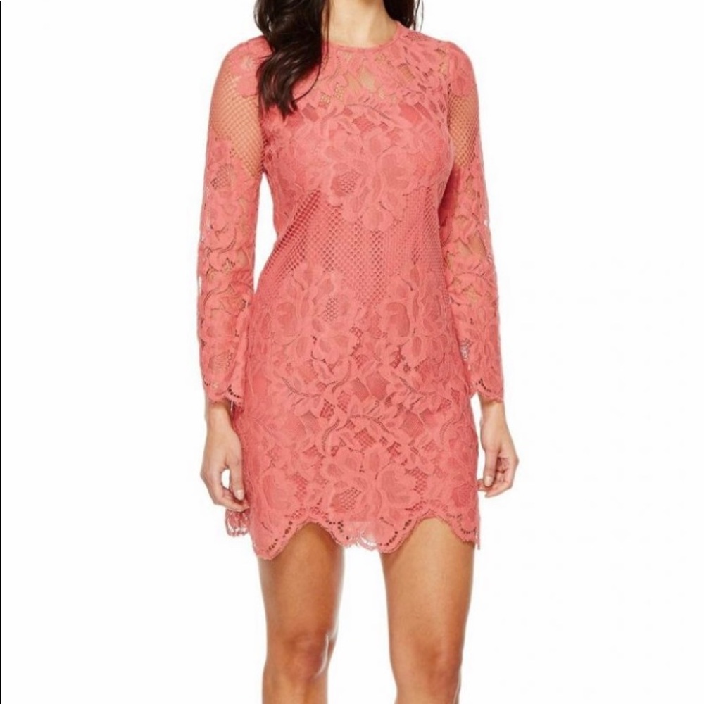 Donna Morgan Size 8 Coral lace dress with bell sleeves.